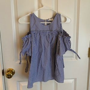 Blue striped cold shoulder top